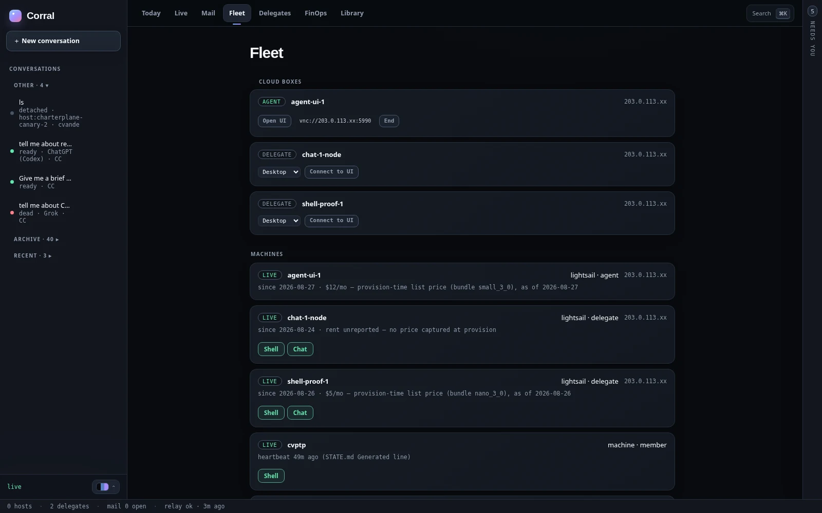 The Fleet room listing cloud boxes and machines with their tier, rent, and last heartbeat.