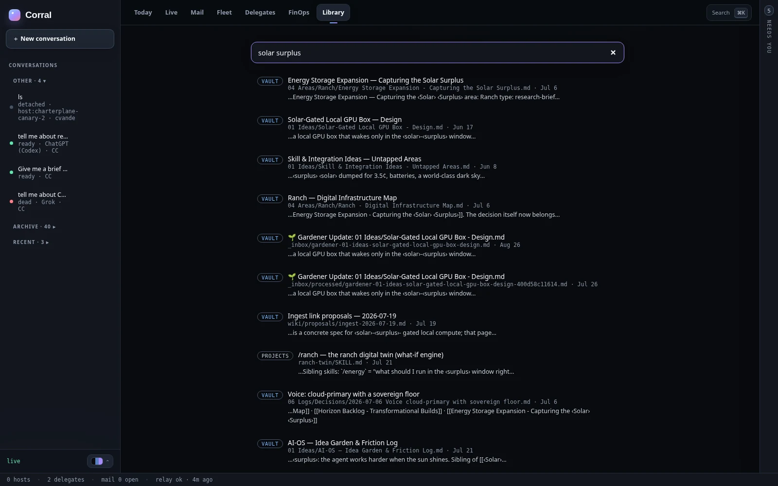 A search for "solar surplus" returning results tagged VAULT and PROJECTS.