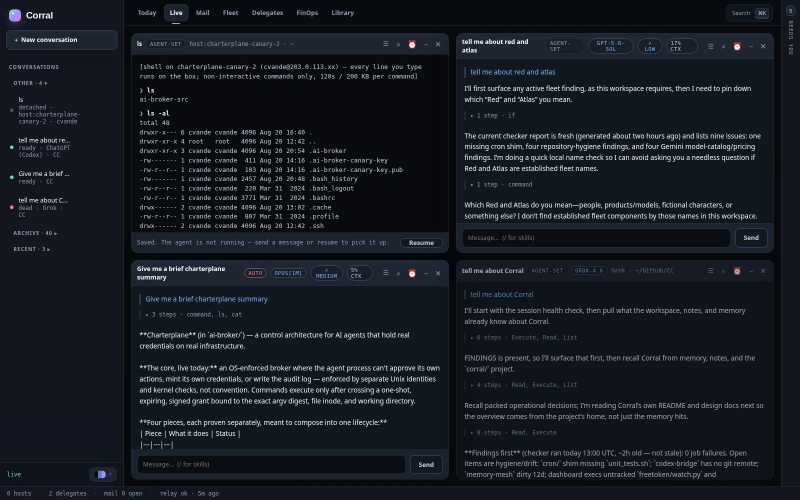 The Corral window: four agent conversations side by side, a conversation list down the left, and room tabs across the top.