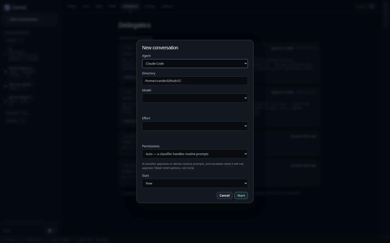 The new-conversation dialog: agent, directory, model, effort, permissions, and start time.
