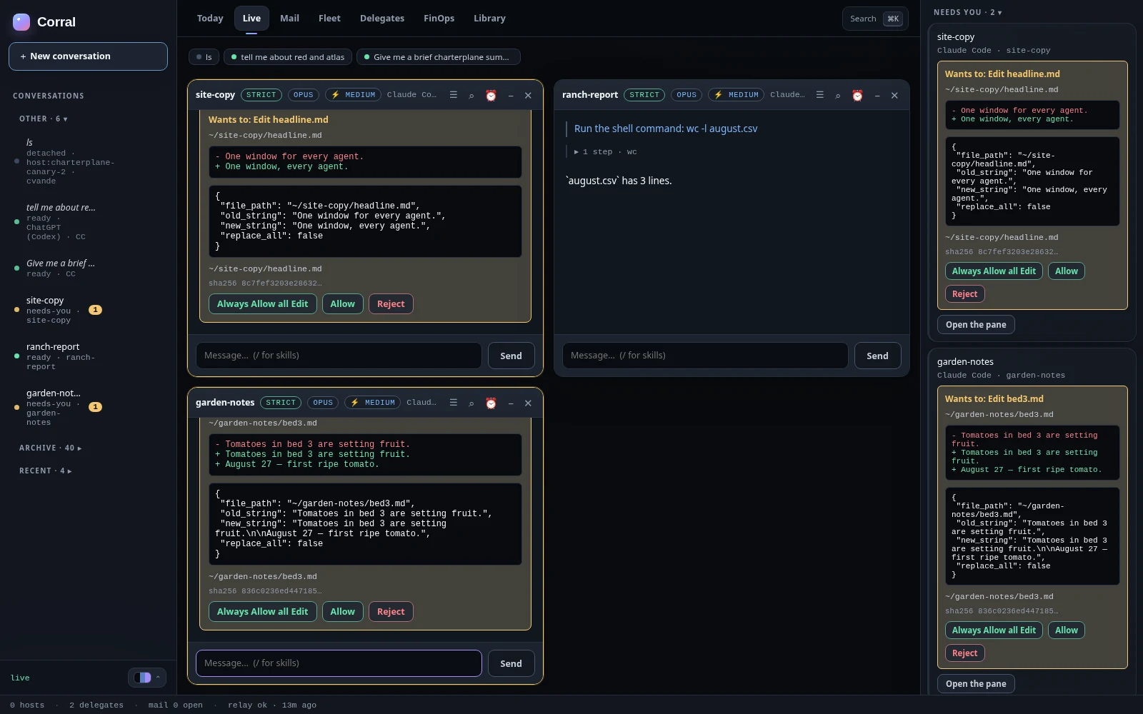 The needs-you rail open on the right with two agents waiting on approval, each showing a diff, the tool arguments and a file hash; two panes are outlined as blocked.