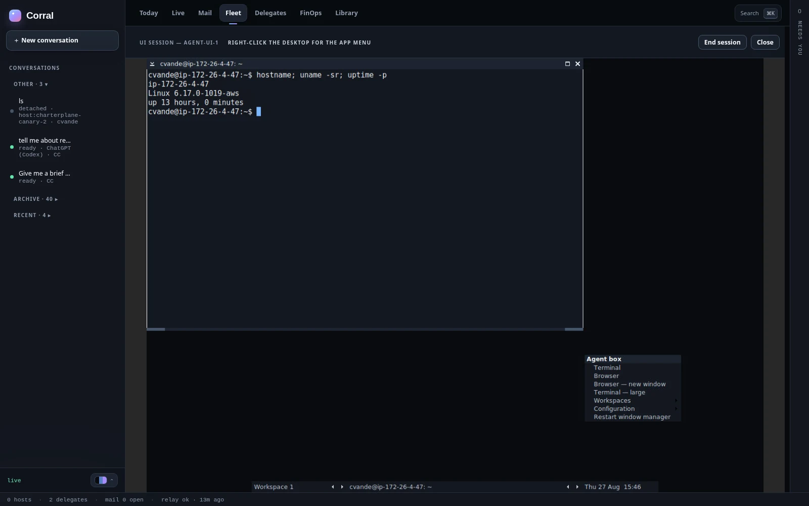 A remote desktop running inside Corral: a terminal on the cloud box and the window manager's app menu open.