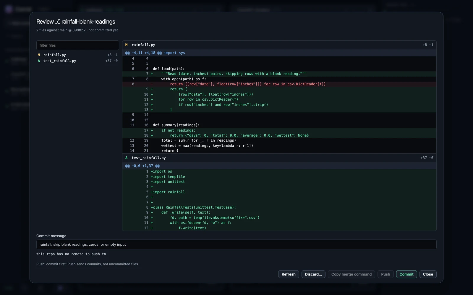 The review: the author's diff against main. Nothing lands until you press Commit.