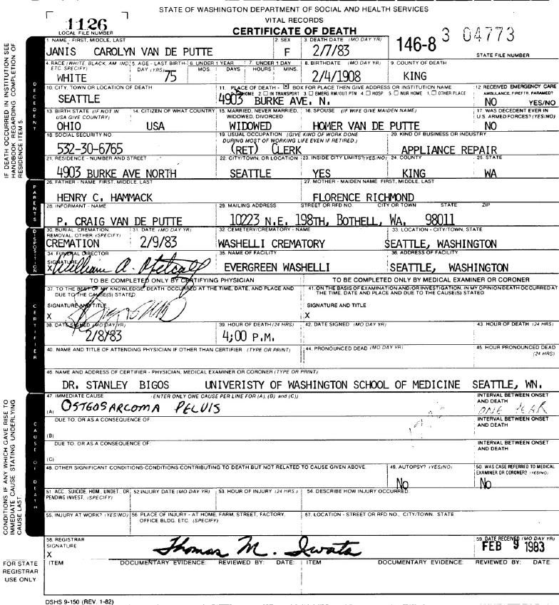 Washington State death certificate for Janis Carolyn Van De Putte, 1983