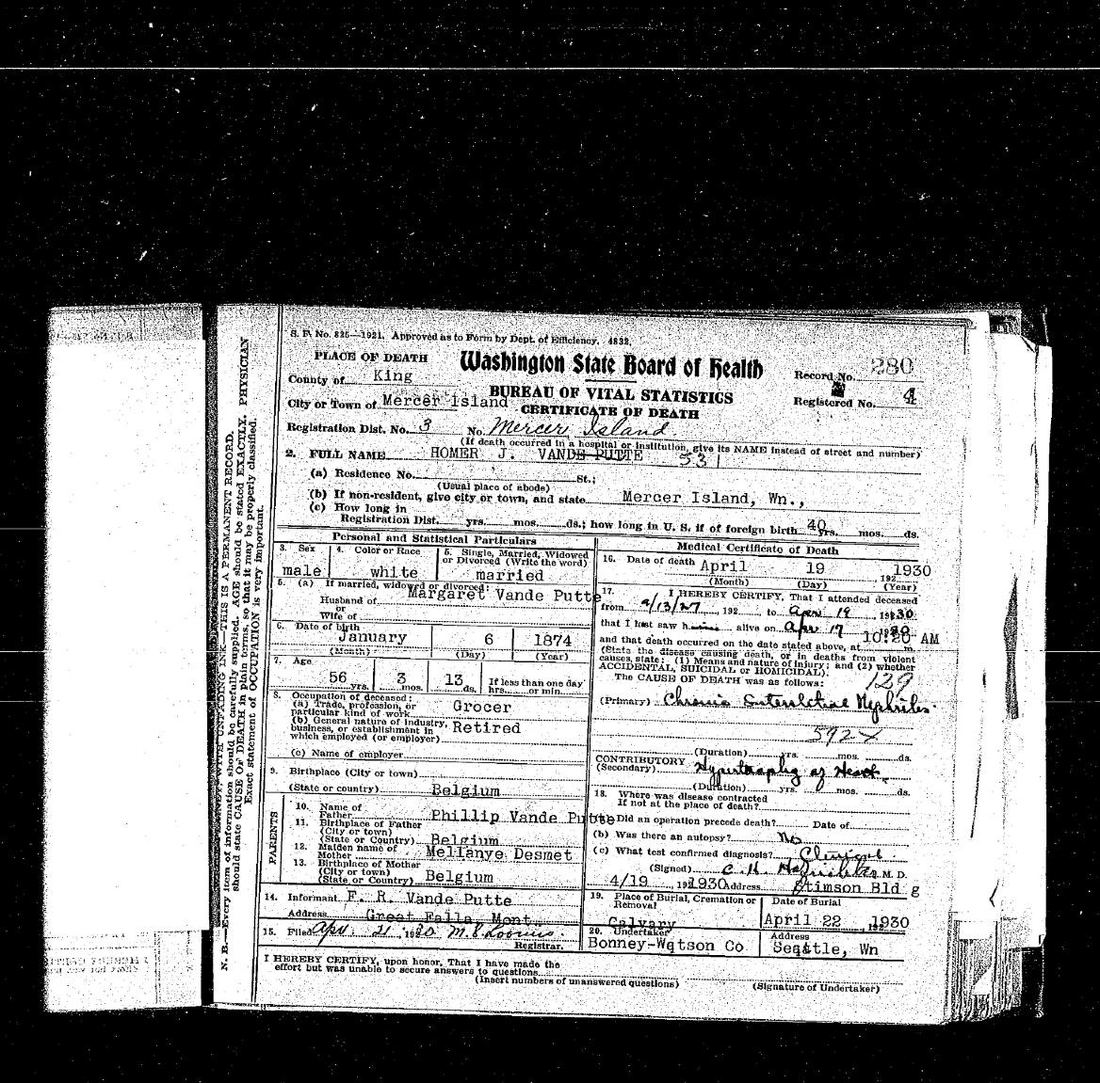 Washington State death certificate for Homer J. Vande Putte, 1930