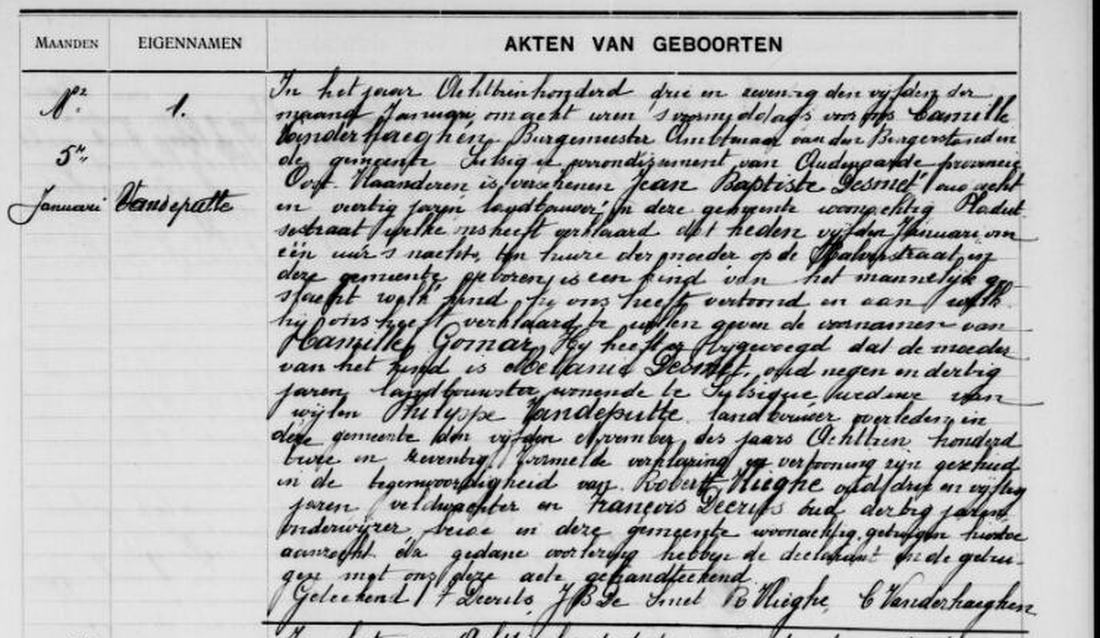 Zulzeke birth register, act no. 1 of 1873, recording the birth of Camille Gomar Vandeputte