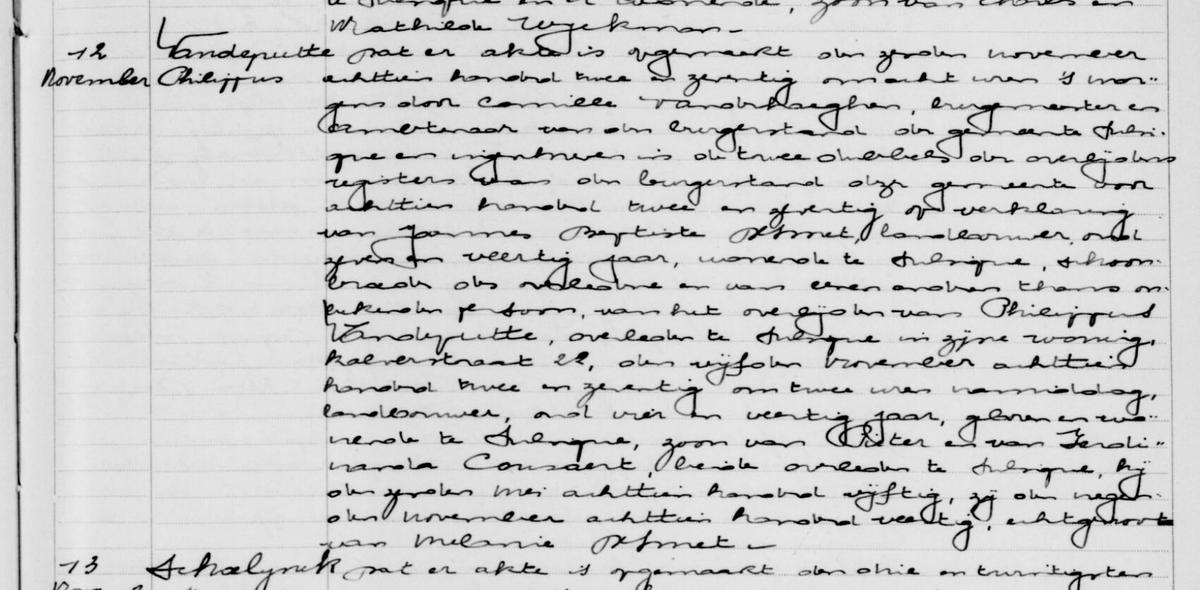 Zulzeke death register, act no. 12 of 1872, recording the death of Philippus Vandeputte