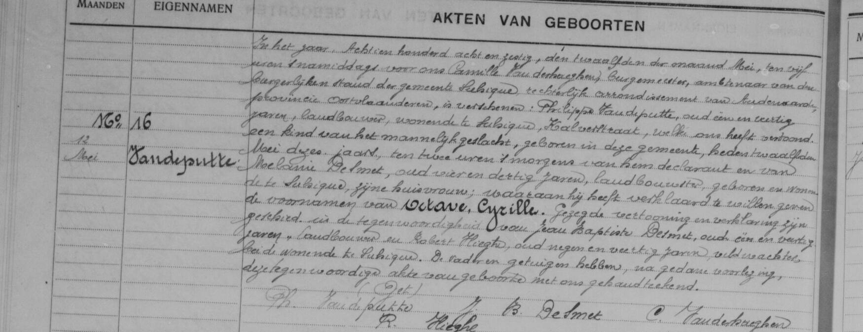 Zulzeke birth register, act no. 16 of 1868, recording the birth of Octave Cyrille Vandeputte