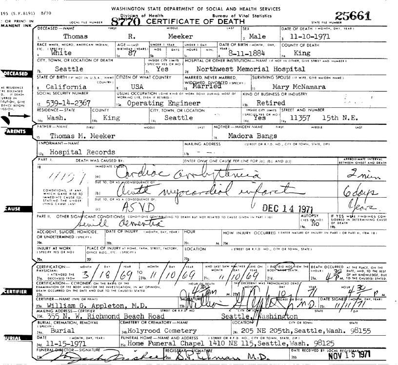 Washington State death certificate for Thomas R. Meeker, 1971