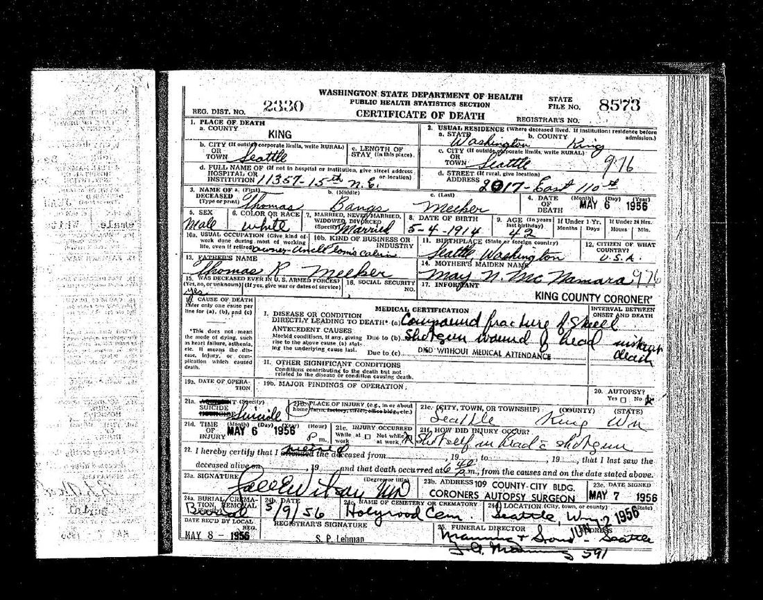Washington State death certificate for Thomas Bangs Meeker, 1956